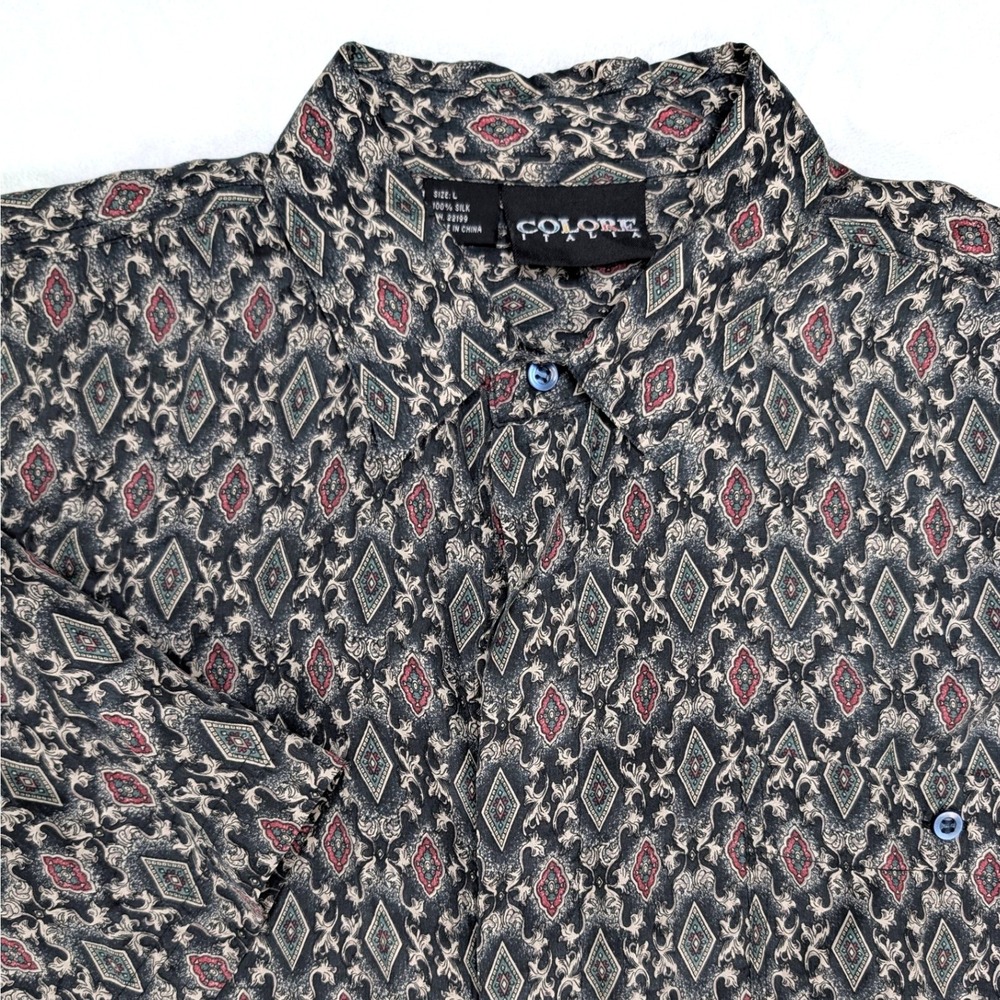 Colore Italia Mens Large Silk Short Sleeve Button Down Shirt Geometric Medallion